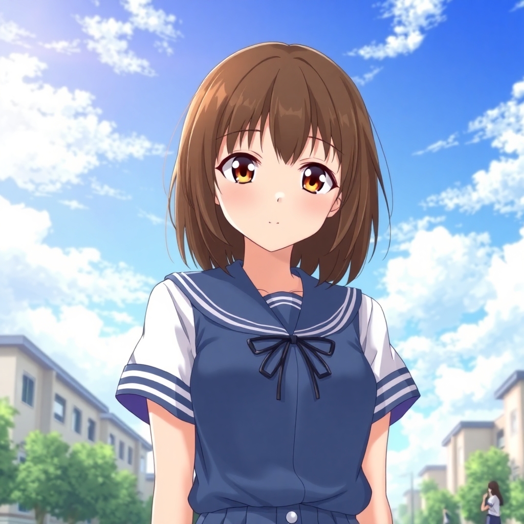 perfect anime quality, masterpiece, school, white school uniform, short sleeves, blue uniform, campus, medium brown hair, high school, beautiful sky, anime, brown eyes