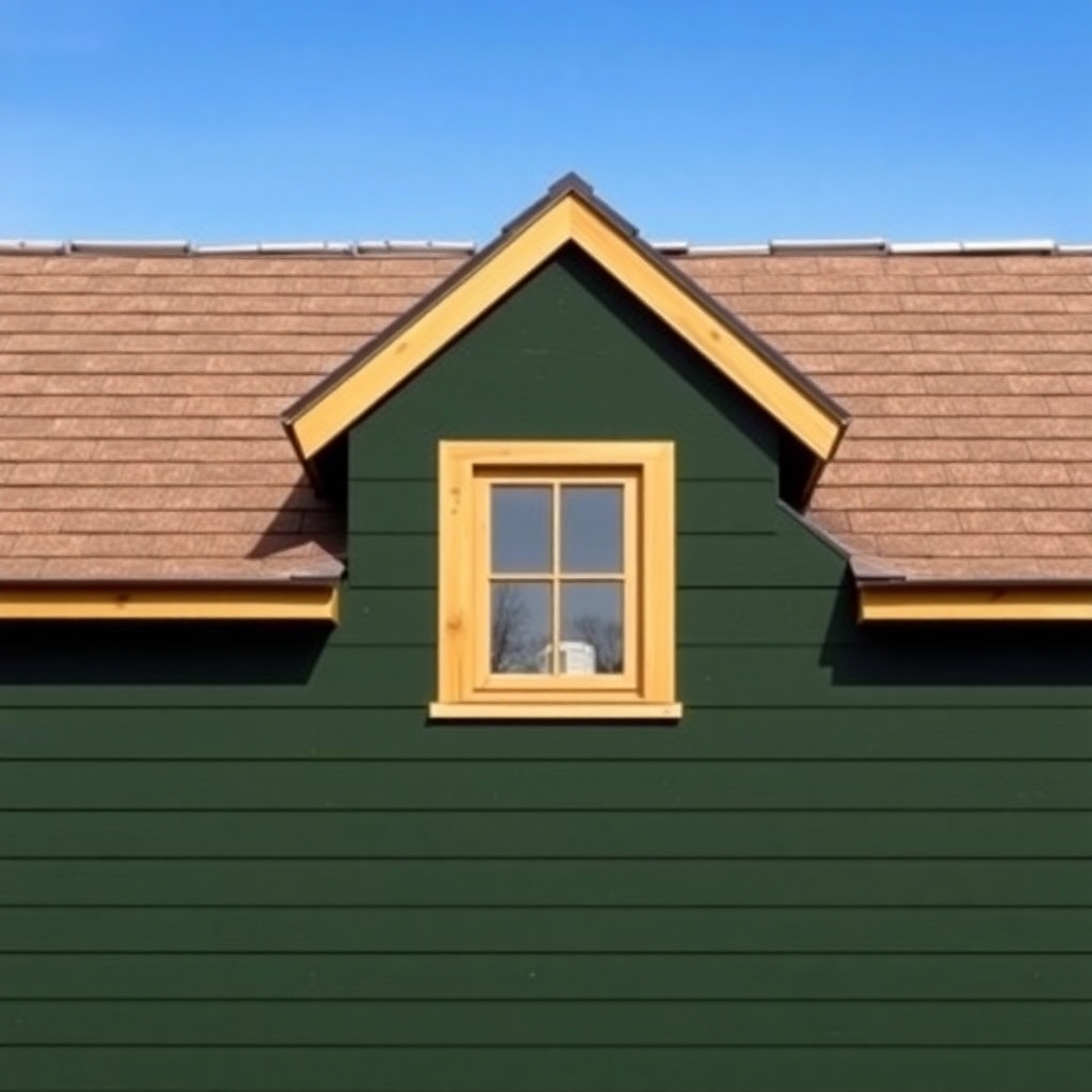 dark olive drab green house with light brown roof and wooden window trim