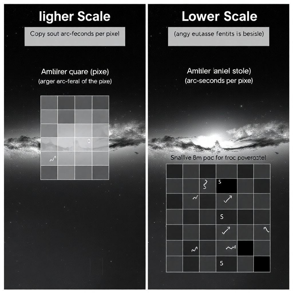 Create a Black and White image that that demonstrates image scale, resolution, and detail as a side-by-side images showing the effect of different image scales:  one with a Higher Scale: Show a grid with larger squares (pixels) covering a wider area of the sky. Label it as having a **larger arc-seconds per pixel**.  - **Image B (Lower Scale)**: Show a grid with smaller squares (pixels) covering a smaller area of the sky with no labels