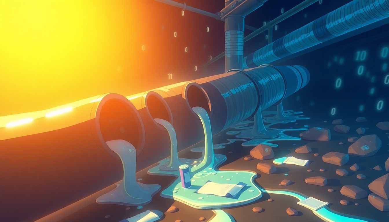 A big pipeline with several leaks where binary data leaks out, the leaks are fixed with wound dressing and plasters