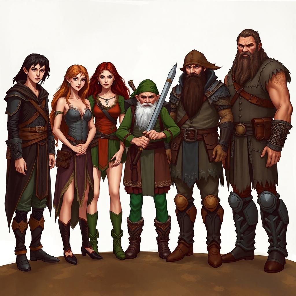A five member dungeons and dragons adventuring party consisting of: A thin male elven rogue, a female half-elf cleric/warlock, a female half-elf sorceror/warlock, a short but wide male dwarven ranger, and a very tall male half-giant barbarian/paladin.
