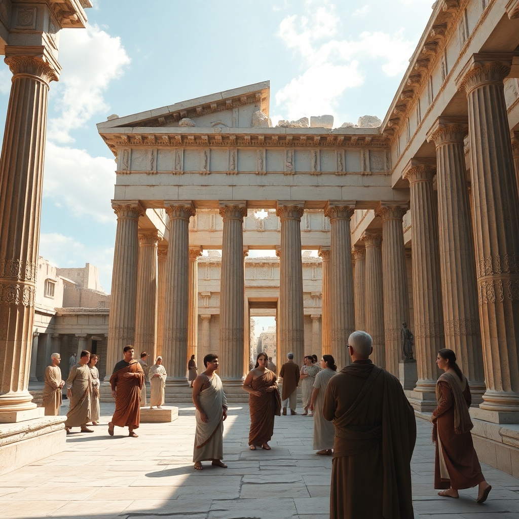 a photorealistic picture of inside the Temple of Athena of ancient Greece city during the time when Aristotle lived with people in period clothing