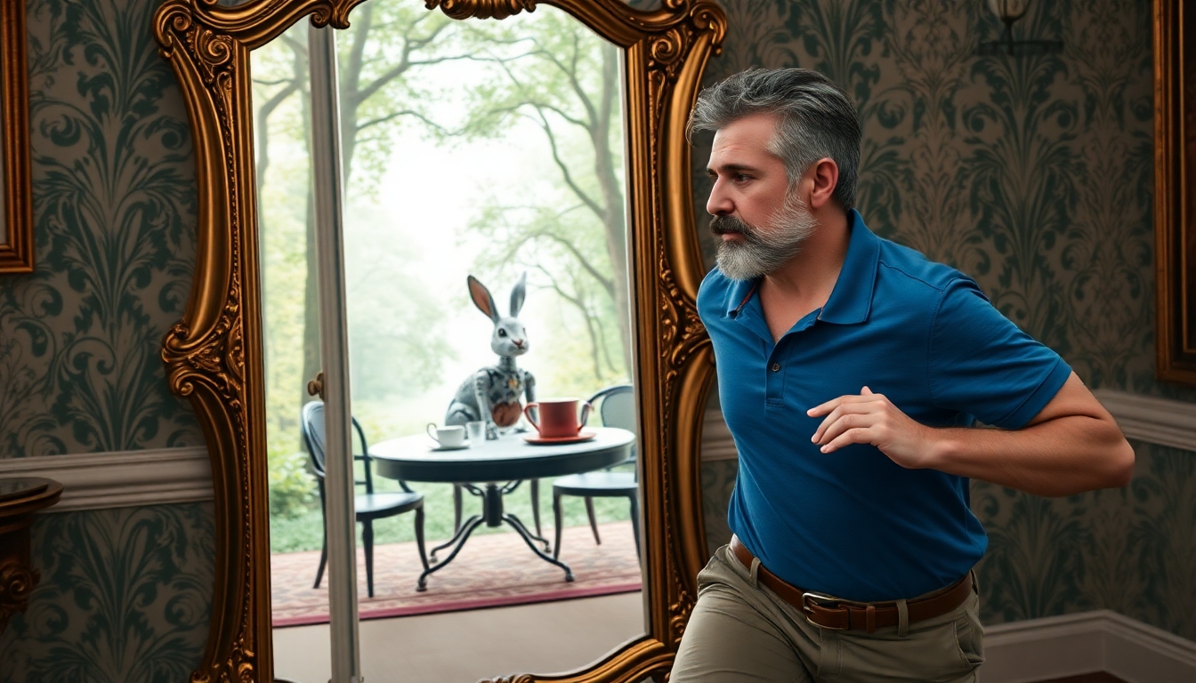 Start with a scenario of Alice though the Looking Glass where Alice is chasing the rabbit through the mirror to the Mad Hatter’s tea party. Except instead of Alice it is a man with salt-and-pepper hair—distinctly mixed black and grey—and a thin beard, wearing a blue polo shirt and khaki shorts running towards an ornate, vintage full-length mirror, clearly about to run through it to the other side. The mirror is at a 15 degree angle from the viewer so that it is clear the man is about to run through the mirror. The mirror is clearly a magical portal. The man is chasing a steam-punk style robot rabbit with visible gears and metallic features, which is already on the other side of the mirror. Through the mirror, the scene transforms into a whimsical forest clearing with dappled sunlight. In the clearing, a table is set for tea, featuring an oversized teapot and a large, extravagant top hat beside it. The overall atmosphere is vibrant, surreal, and storybook-like, emphasizing the contrast between the ordinary room and the fantastical tea party in the forest.