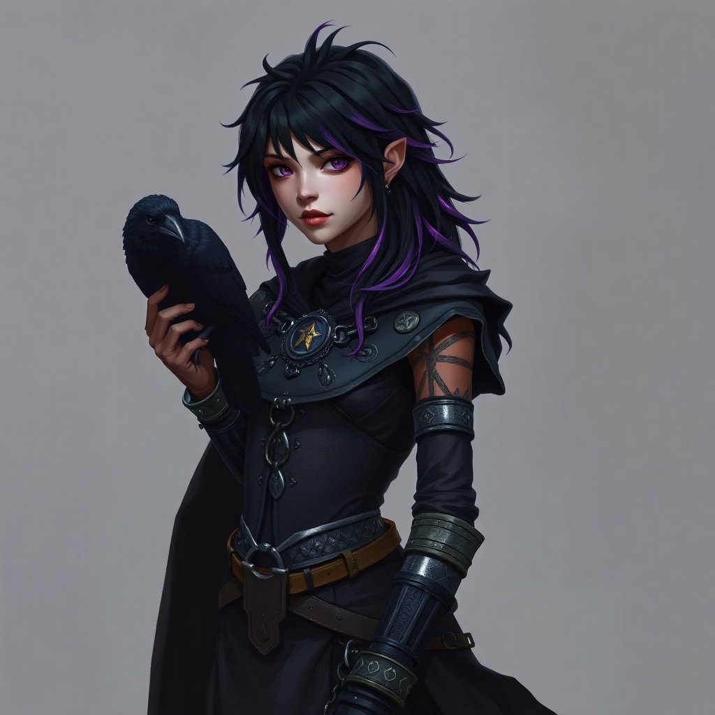 A 5E dnd character who is a half-elf cleric and warlock sworn to the mother of shadows. She wears chain mail, is slightly androgynous, has shoet black hair with purple streaks, and has a shadowy raven familiar.