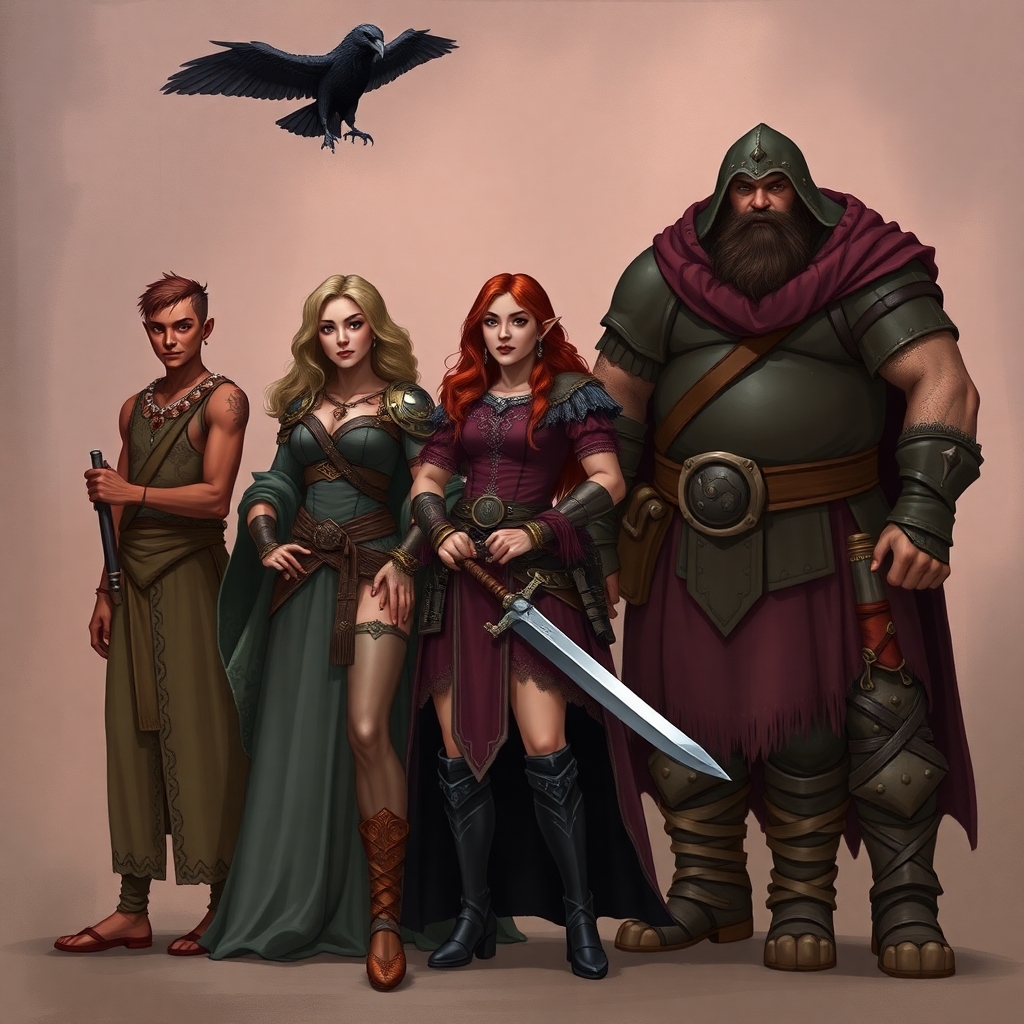 A five member dungeons and dragons adventuring party consisting of: A red-skinned thin male elven bard, an adrogynous female half-elf cleric/warlock with a shadow raven familiar,  a curvy female half-elf sorceror/warlock, a short but wide male dwarven ranger, and a very tall male half-giant barbarian/paladin.