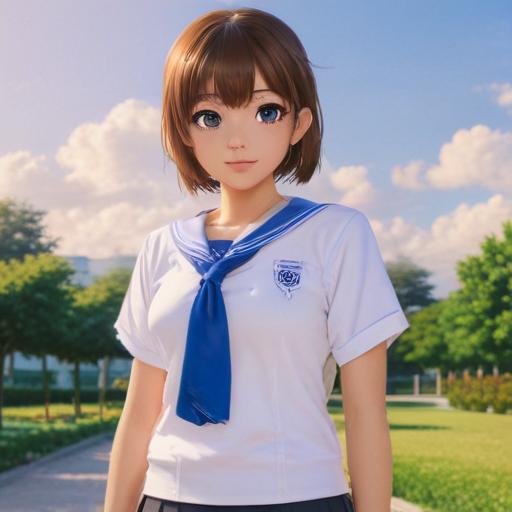 perfect anime quality, masterpiece, school, white school uniform, short sleeves, blue uniform, campus, medium brown hair, high school, beautiful sky, anime, brown eyes