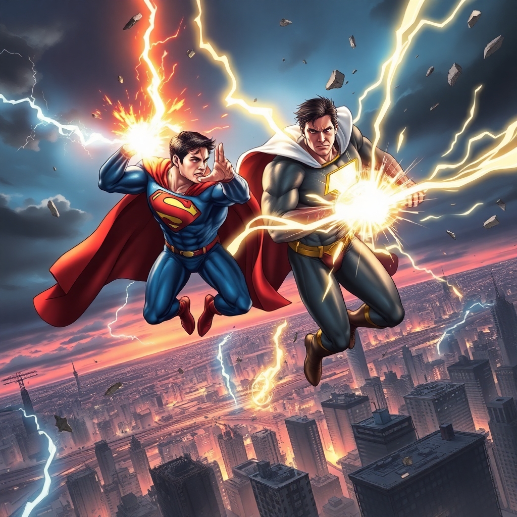 A high-resolution, ultra-detailed illustration of Superman and Captain Marvel (Shazam) engaged in an epic aerial battle above a destroyed cityscape at dusk. Superman, in his iconic blue suit and red cape, unleashes heat vision with fierce intensity, while Shazam counters with a powerful magical lightning strike from his glowing hands. The sky is dark and stormy, lit by lightning flashes and debris flying from collapsed skyscrapers below. Both heroes look determined and battle-worn, muscles tense, capes torn. The energy and power around them distorts the air. Comic book style with dynamic lighting, motion blur, and dramatic shadows. Epic showdown, explosive energy, heroic proportions.