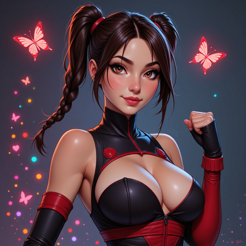 Beautiful Mexican American woman with thin, long face, hazel eyes and large full lips and brown hair parted down center and long pigtails that are thin and tightly braided on the top sides of her head, wearing sexy black with red trim ninja suit with cleavage, with her right hand up in a tight fist, turned slightly to the left, at right side of image with 1 inch of space to left of woman, with small multi-colored led lights behind her. Two butterflies on each side of her, with 1 inch of space above woman.