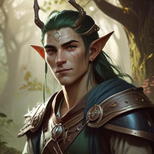 A fifth-edition dungeons and dragons characer who is a young male eladrin druid with a low strength.