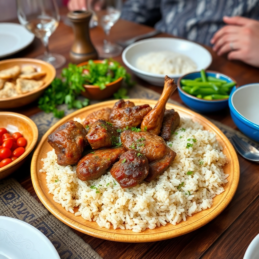 Lebanese kebsa dish with lamb meat and rice, on a traditional family table