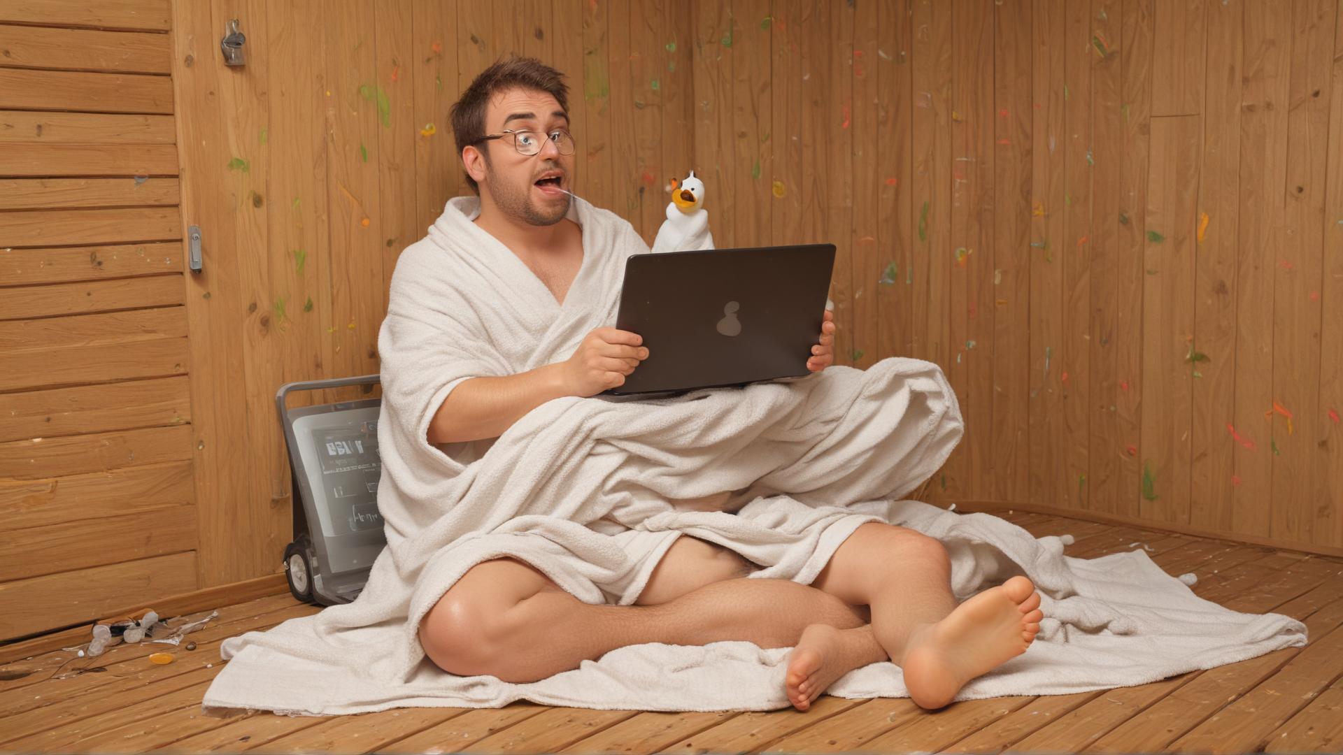 **Image Prompt for Feature Image:**  A cartoon-style illustration of a software developer sitting in a wooden sauna, sweating profusely, surrounded by floating lines of buggy code and error messages. The developer looks both frustrated and amused, with a towel around their neck and a laptop balanced on their knees. In the background, a thermometer is maxed out and a rubber duck (a classic debugging mascot) wears sunglasses. The overall vibe is lighthearted and playful, clearly blending the themes of sauna heat and the "sweat" of debugging code.