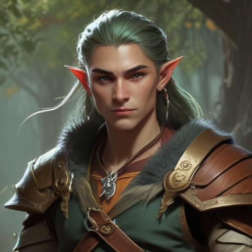 A fifth-edition dungeons and dragons characer who is a young male eladrin druid with a low strength.