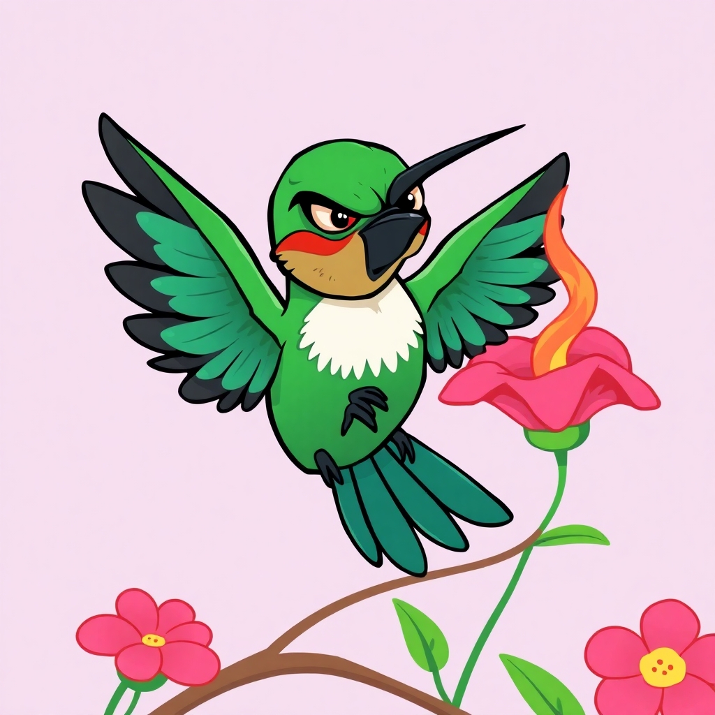 Please create a cartoon drawing  of a very sinister and strong looking hummingbird who is trying to take over another hummingbird's garden. for a children's book.