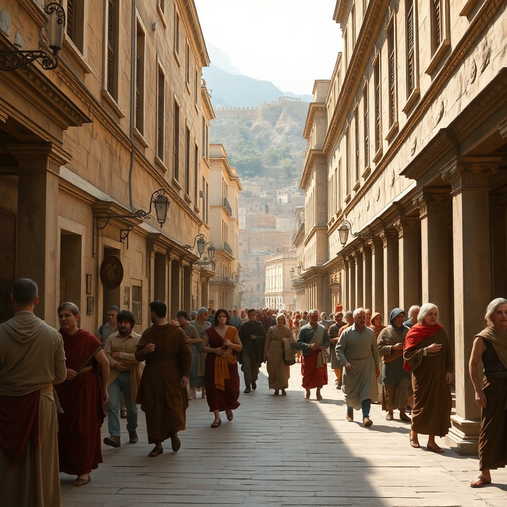 a photorealistic picture of inside the busy streets of ancient Greece city during the time when Aristotle lived with people in period clothing
