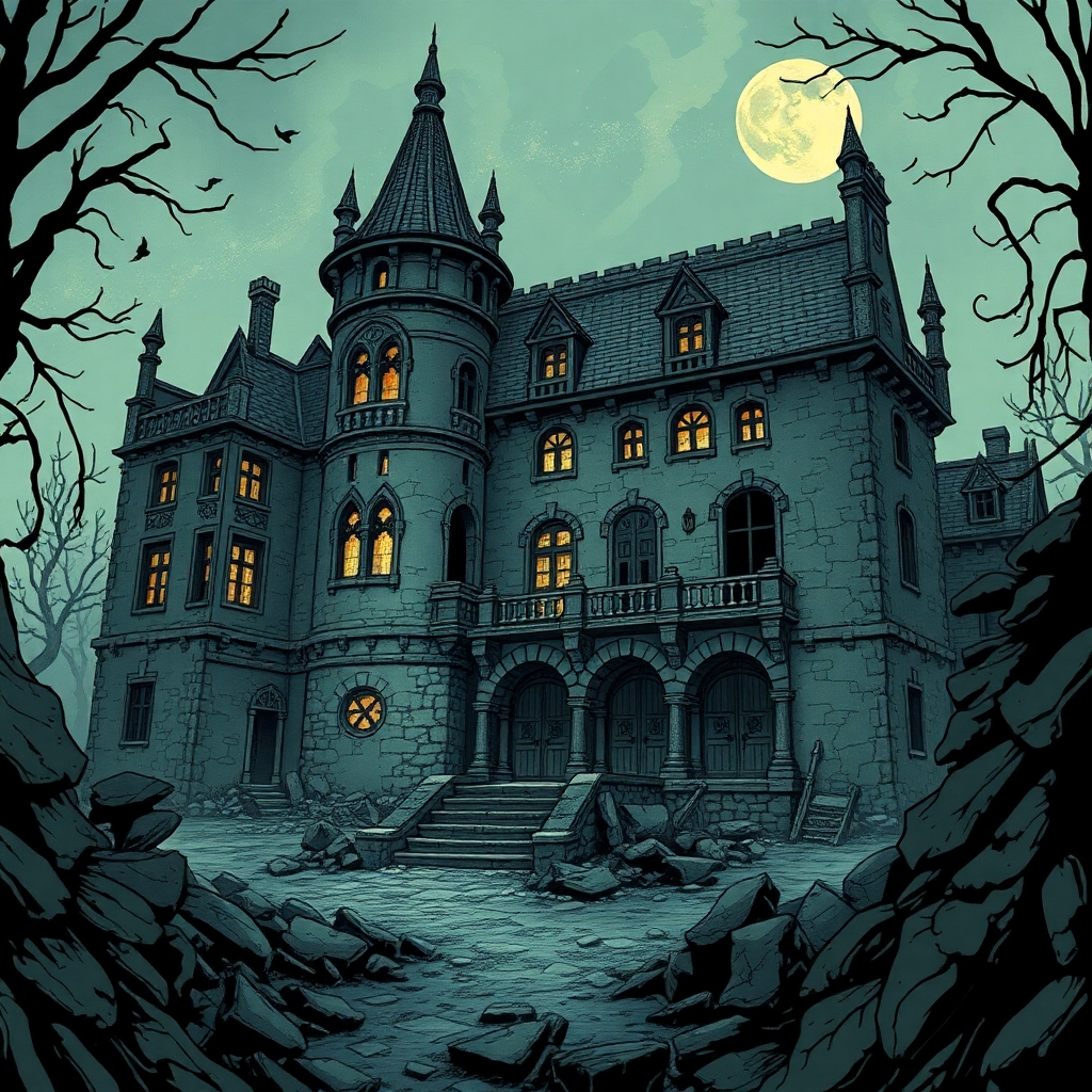 A ruined noble estate in the city of Mordheim drawn in a comic gothic style.