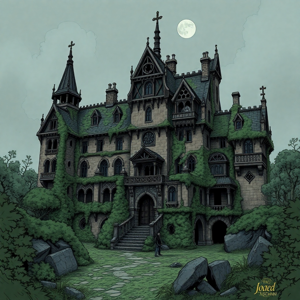 A once grand but now ruined, overgrown and collapsing noble estate in the city of Mordheim drawn in a comic gothic style.