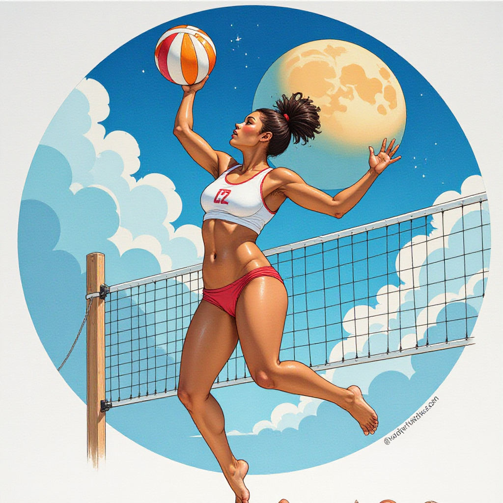 Create a girl basketball player. Her skin tone is dark. Base her off of actress Nathalie Emmanuel.  She is playing beach volleyball on the sunny side of the moon.  She is wearing a cutoff half top shirt that says emphasizes her round firm underboobs as she jumps high in the air for an action shot spiking over the net.  This is a painted watercolour.  She has a straightened light but high Afro