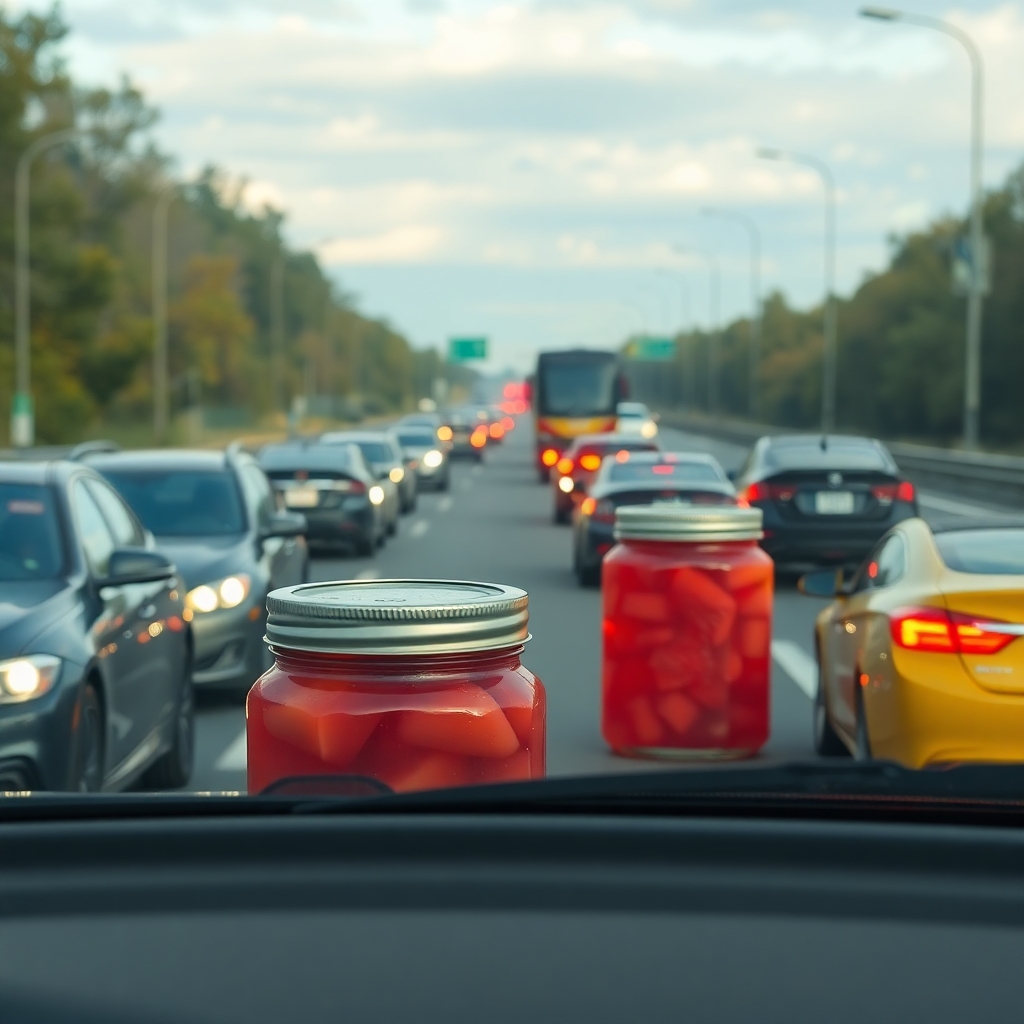 JARS OF JELLY IN TRAFFIC ON A HIGHWAY