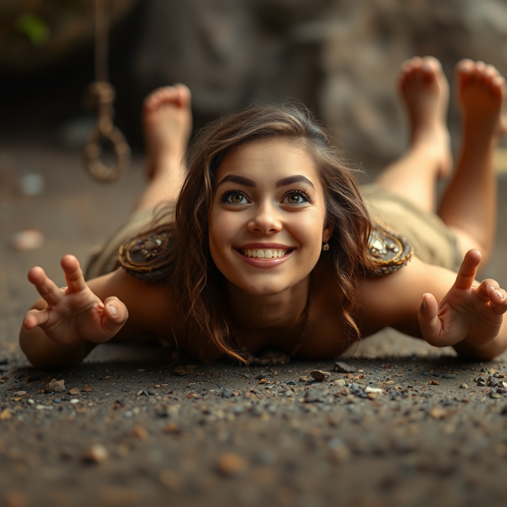 Lying flat on her stomach have a pretty cavewoman much like Meriem Cooper of the Cavewoman comics smiling in wonder at the camera. Ensure  her feet are in focus and swinging in the background.  Ensure she is pushing up from the ground with her hands so her back is arched