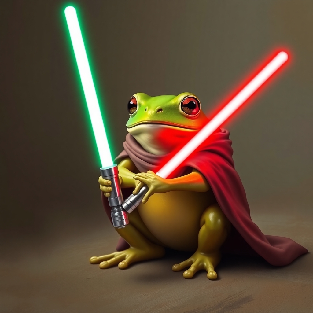 a jedi frog holding a light saber