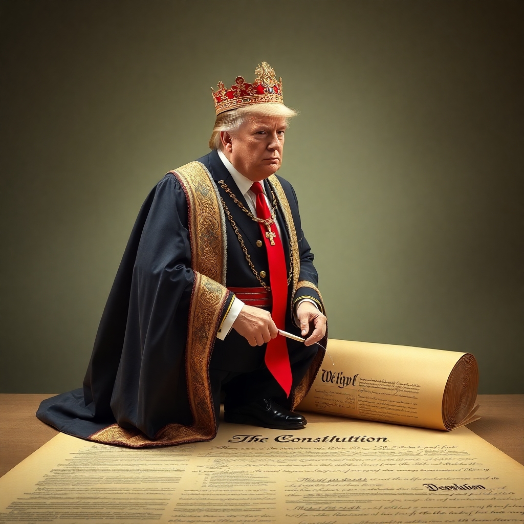An image of Trump dressed as an emperor urinating on the constitution