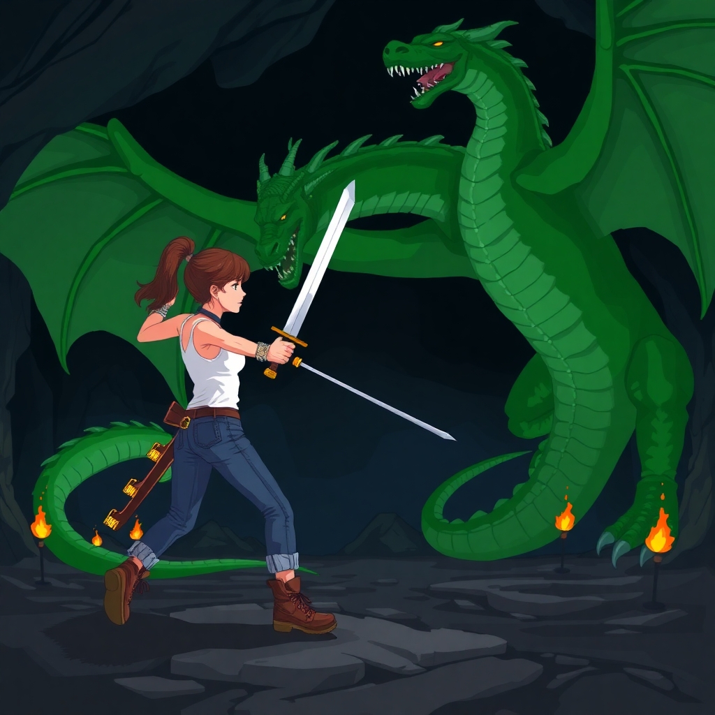 A woman wearing a white tank top and jeans with hiking boots holding a sword. Ready to swing her sword. In a fighting stance. Facing a large green dragon. She's fighting a large green dragon that looms over her, rearing it's head back ready to strike. The dragon is leaning forward, all four of it's claws on the ground, it's tail trails of in the darkness. Setting is a dark cave lit with torches