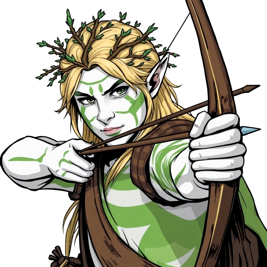 A warhammer fantast wood elf. Tall and blonde with tree branches decorating his hair and his pale white skin painted with green stripes. Armed with a longbow ready to shoot. Drawn in comic style