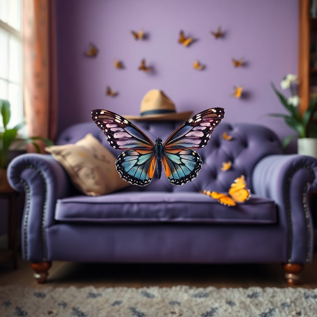 photograph, candid shot, famous randomly purple couch and randomly finished with randomly butterflies, center point for a butterfly wearing a hat, Use camera is Canon EOS 5D Mark IV with a Canon EF 24mm f/1. 4L II USM lens, set at aperture f/2. 8 for a depth of field that highlights the furniture clean lines with rich and many detail, randomly color and finished, soft ambient light, studio light setting, ultra realistic, UHD, many details