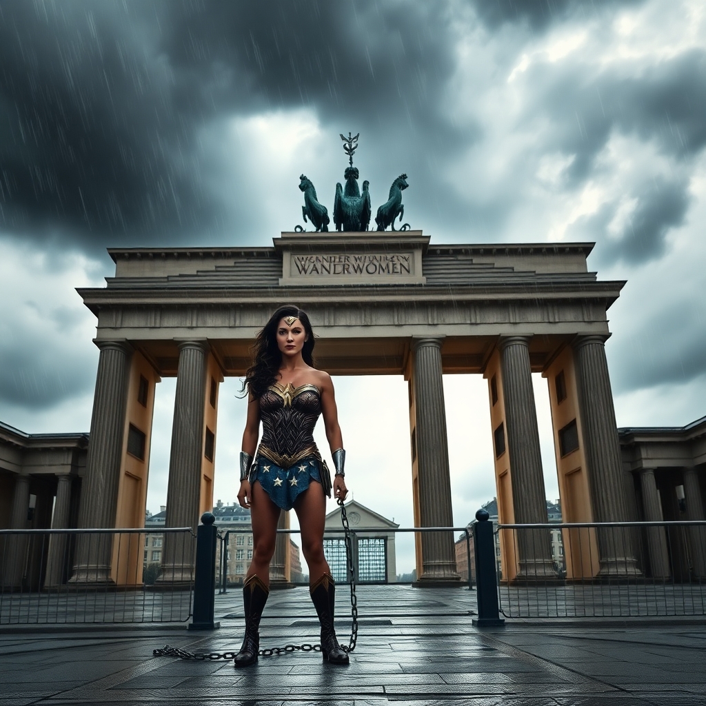 Wonder Woman stands chained before a grandstand at Berlin's Brandenburg Gate, having been captured while on a top-secret mission for the Allies against Nazi Germany during World War II, as an afternoon storm—dark, heavy clouds, high winds, and heavy rain—breaks on the scene.