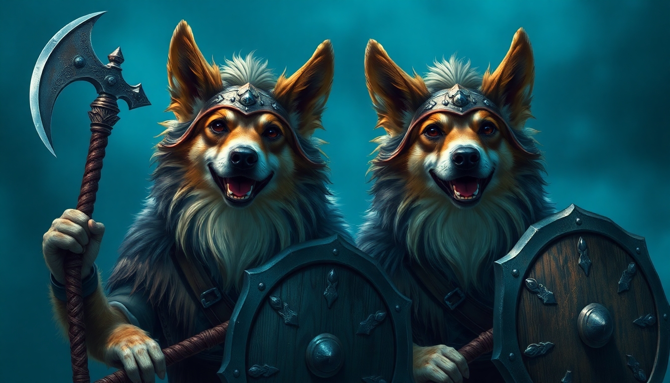 Two hananese dogs in viking disguise, with battle axes and shields.