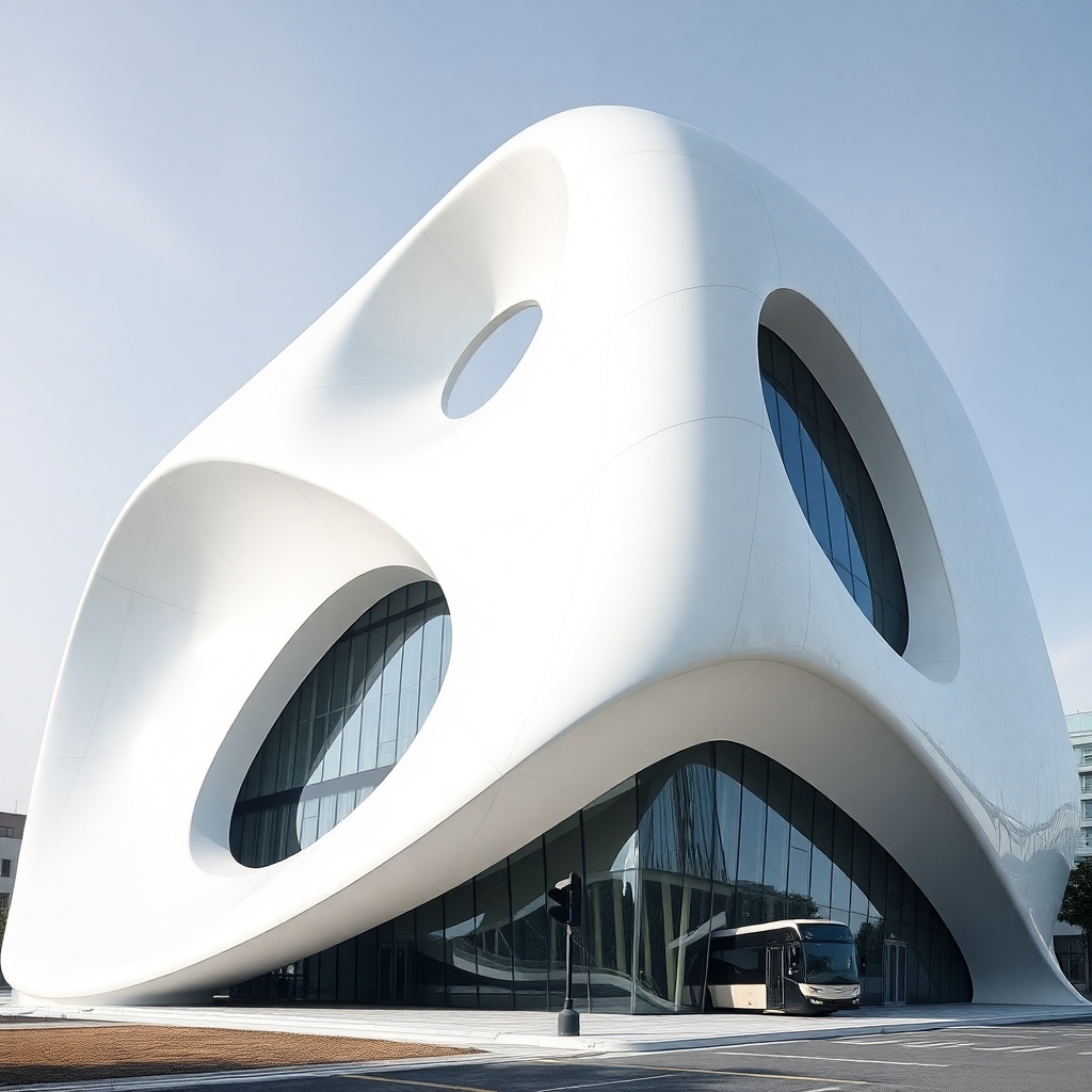 intensely futuristic building characterized by fluid, curving facades sharp angles and severe materials of white concrete and steel