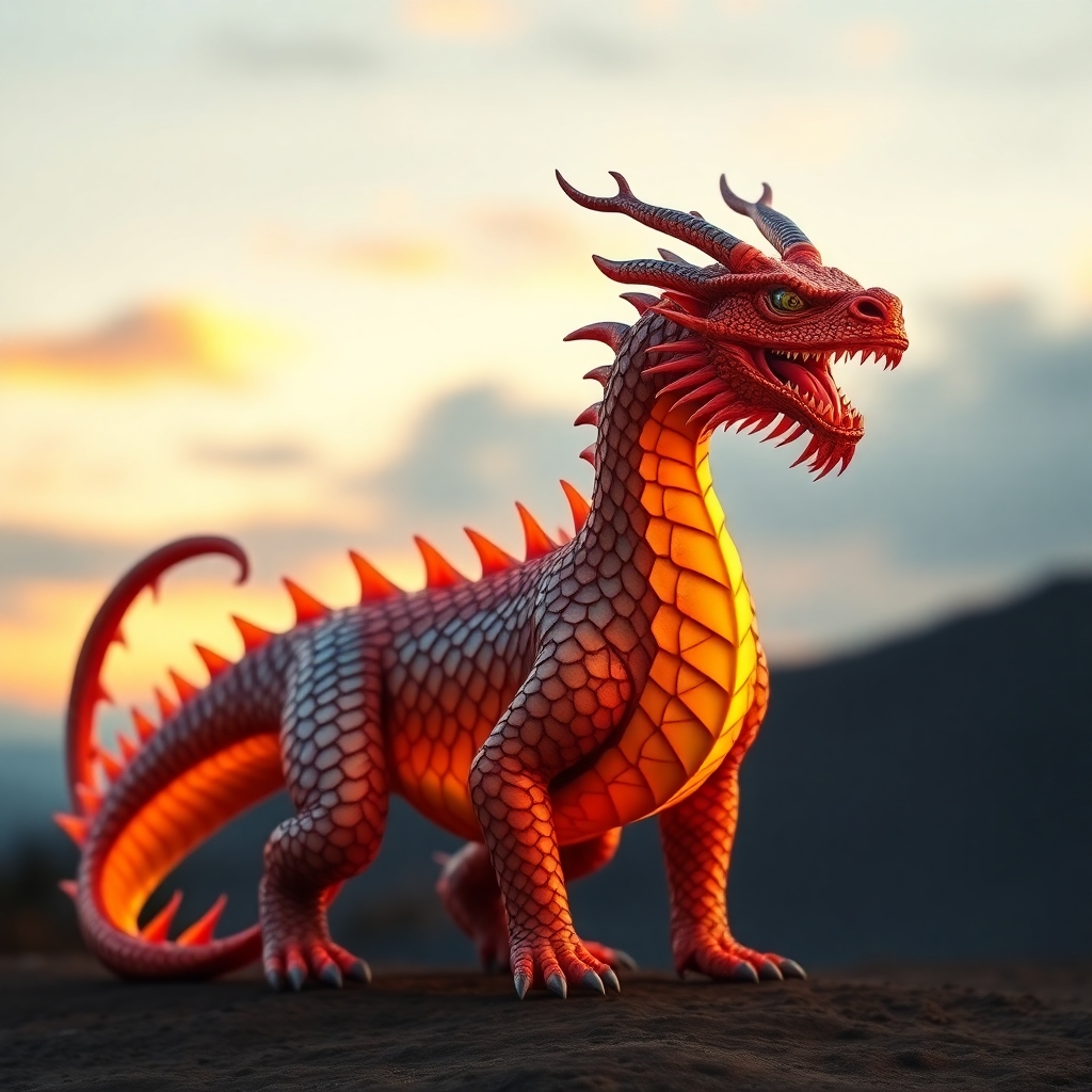A bipedal dragon with scales that look like a sunset