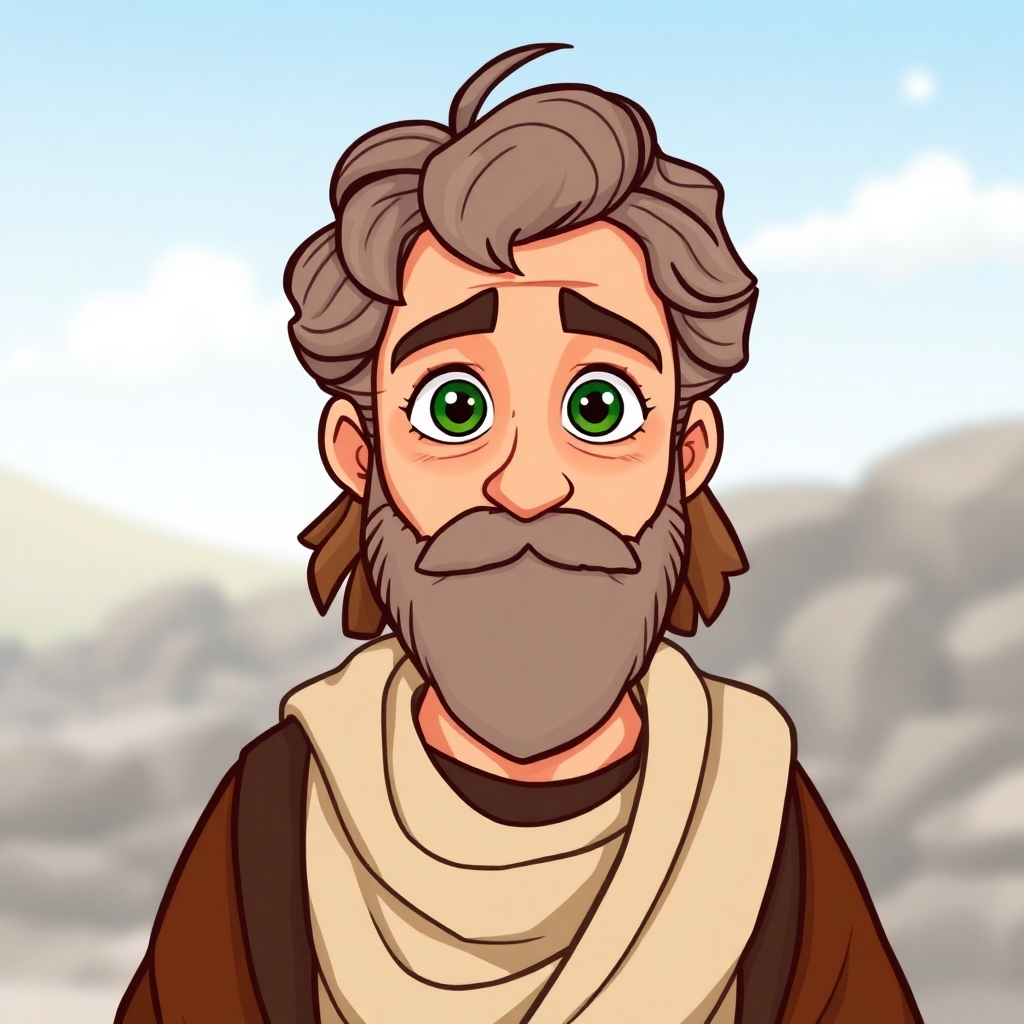 <img alt="a cartoon drawn young looking grandfather with brown and gray hair and green eyes without a beard or moustache at age 58 wearing Ancient Greece clothes from 815 BC. This is for a children's book so make him cute, and likeable for the reader to look at." src="https://imagiyo.com/generation/images/thumbnails/8qGQcfCOCwkFuVP_1746159465.webp" />