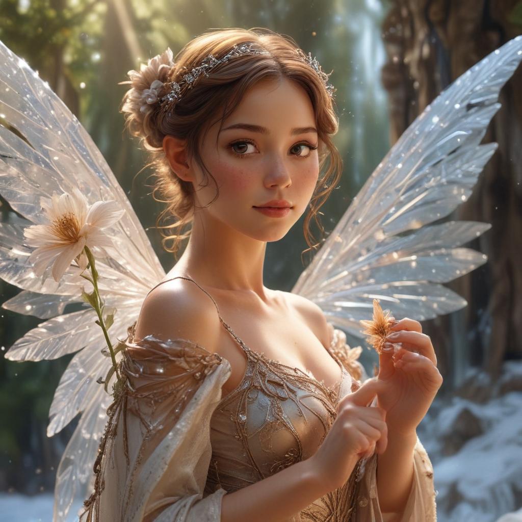 A mystical fairy in shimmering crystal wings, holding flower patterned wand, Brown eyes, brown hair, epic nature and ice bending shot, Video Art art, super high detail, and a sign saying "Mary"