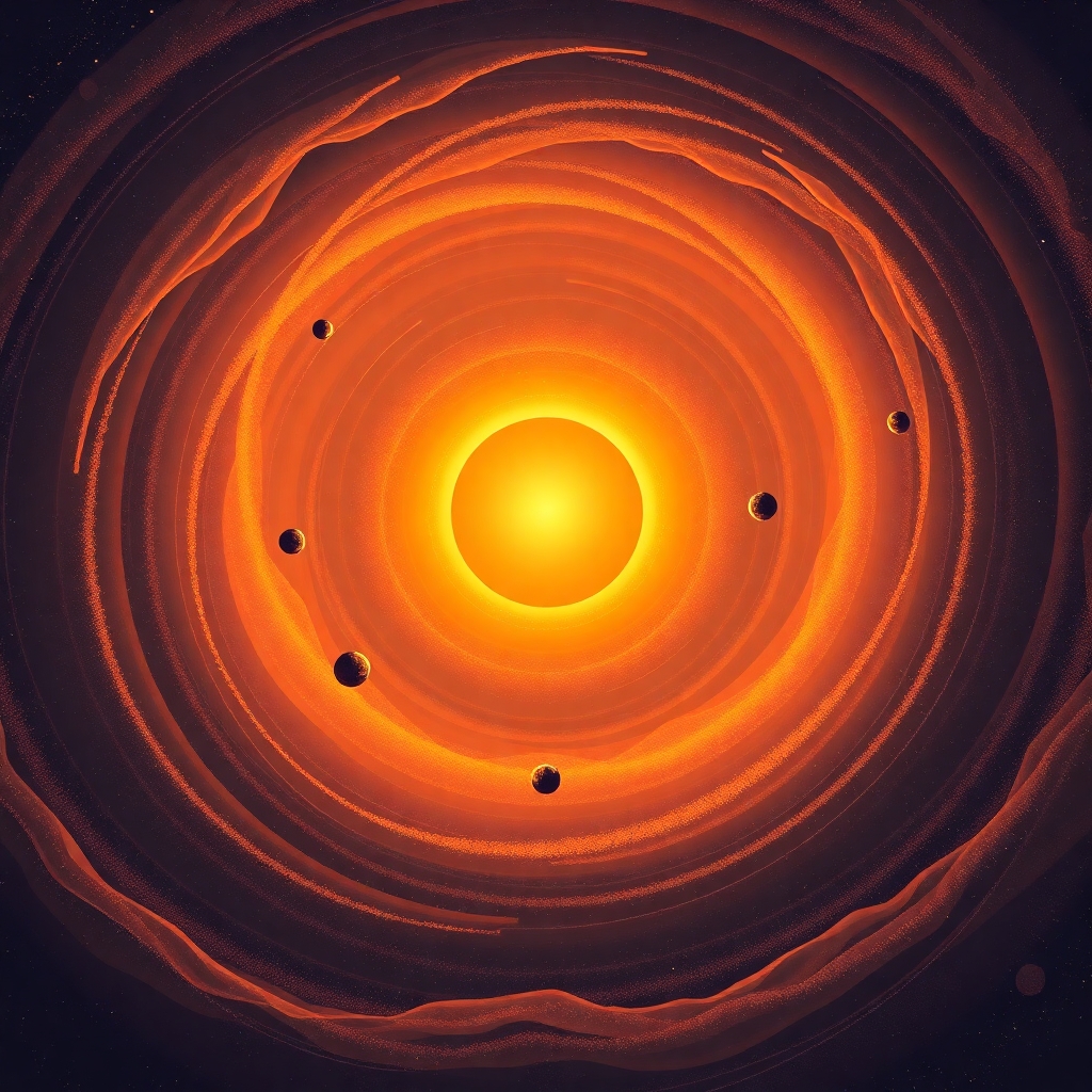 A modern flat vector illustration in editorial illustration style showing the birth of a planetary system inside a vibrant protoplanetary disk, depicted as a full scene composition with a complete environment. The background must fully cover the entire image edge-to-edge and be part of the scene, with swirling cosmic dust, glowing gas streams, subtle nebular walls and layered depth, no white background anywhere, no empty or blank areas, and no isolated elements. The scene shows a young star forming at the center, surrounded by a wide, dynamic disk of dust and gas, where tiny dust grains collide and cluster into pebbles, rocks and emerging planetesimals. Several partially formed protoplanets appear at different distances, some glowing from accretion heat, others still embedded in dense dust lanes. Gentle gravitational spirals and gas flows curve through the disk, visually representing the choreography of early planetary formation. Include hints of migration paths and distant collisions as soft symbolic arcs or motion trails. Use smooth shapes, soft gradients, clean modern geometry and a balanced, detailed composition. The color palette should evoke cosmic creation with deep blues, purples, warm golds, soft oranges and subtle pink nebula tones. The entire scene should feel dynamic yet harmonious, rich in detail, sharp and visually balanced, clearly expressing the mechanisms behind the formation of planetary systems.