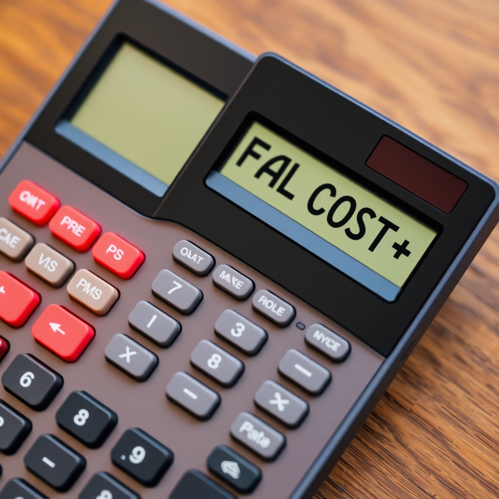 A scientific calculator(In English) with "FUNERAL COST: $10,000+" on the screen