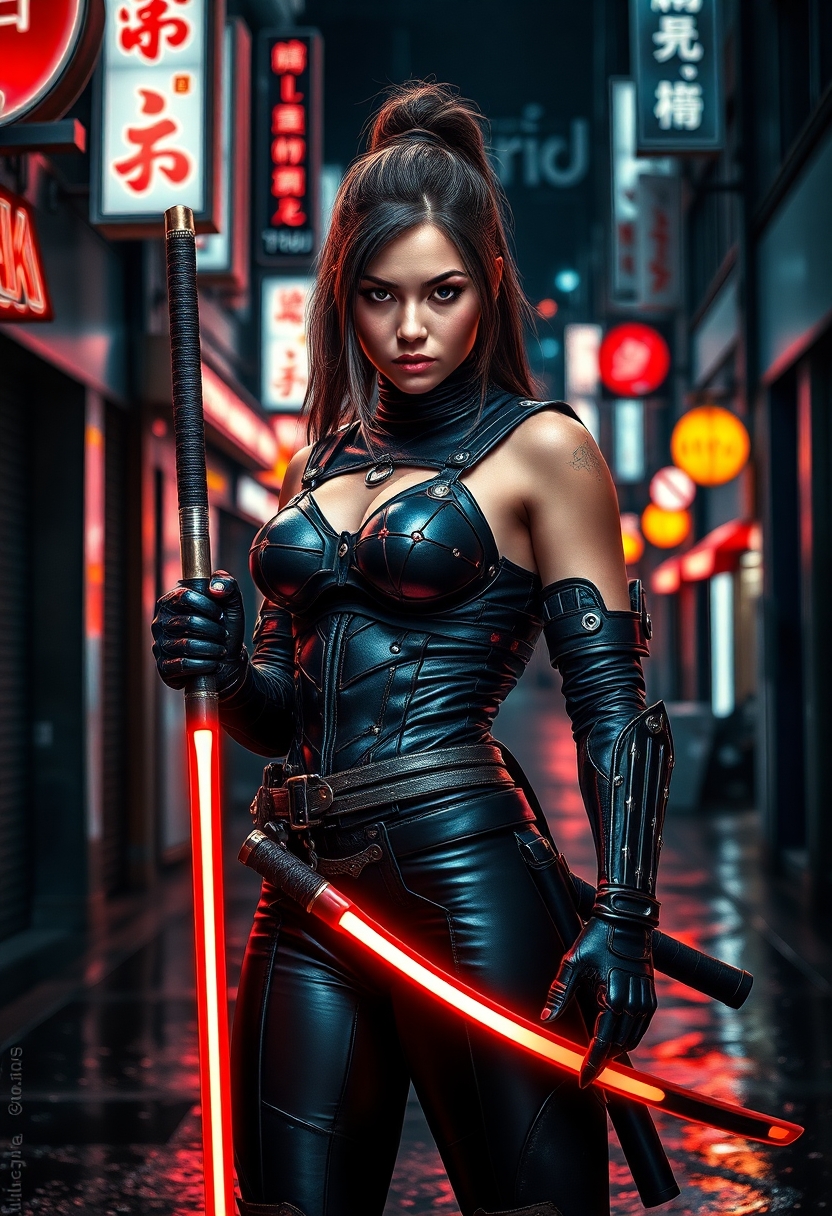 Cyberpunk samurai warrior woman, about 30 years old, dangerous expression, with skin-tight armoured bodysuit and glowing katana, standing on rain-slick street, neon signs, dark city alley, moody lighting, futuristic Tokyo vibe
