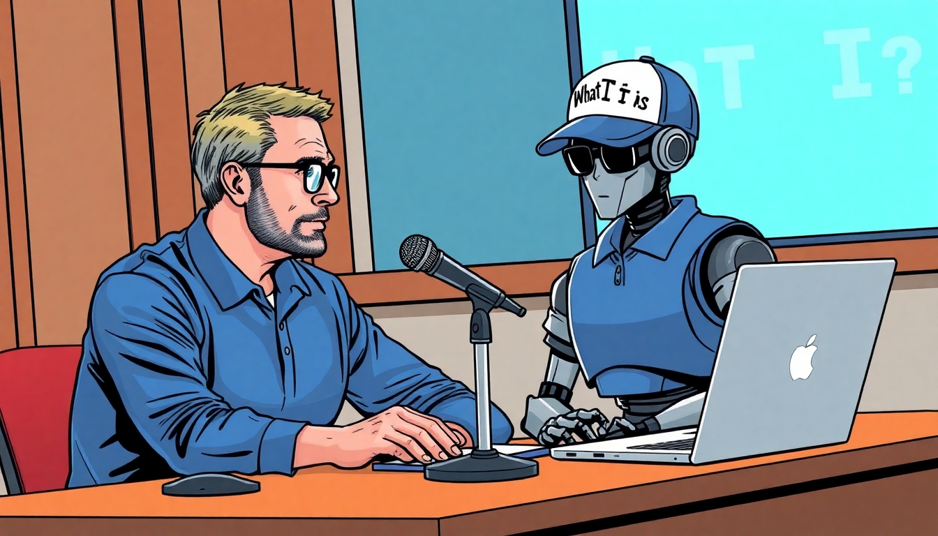 Dr Andrew Huberman sitting a table with a microphone and laptop in front of him. Sitting across the table from him is a robot that is wearing a blue polo shirt, glasses, and a baseball cap with "What IT is" written on it.