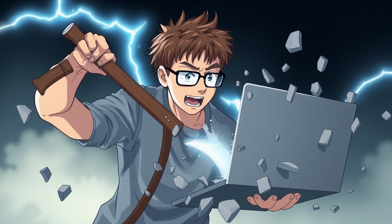 A software developer with short brown hair and glasses smashing his laptop with an axe. the laptop is broken into pieces.