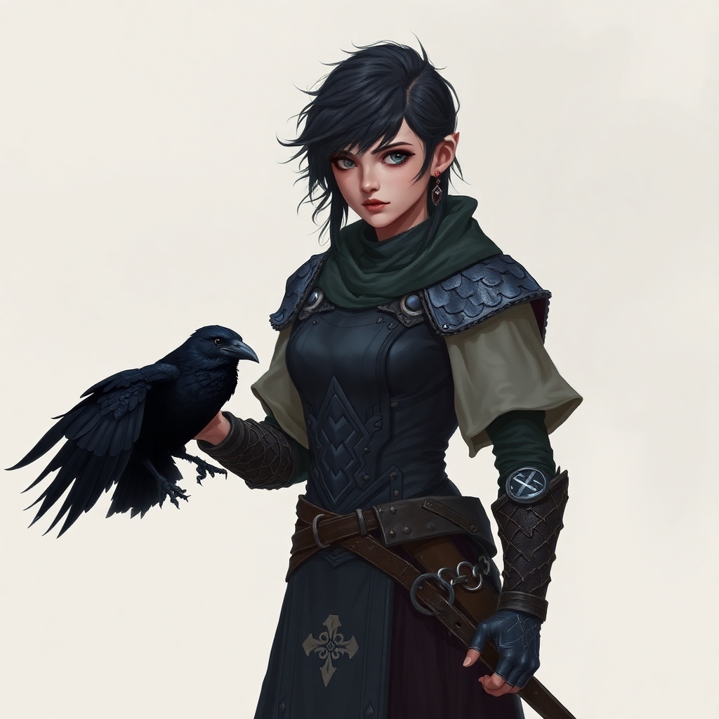 A 5E dnd character who is a half-elf cleric and warlock sworn to the mother of shadows. She wears chainmail, is slightly androgynous, and has a ghostly raven familiar.