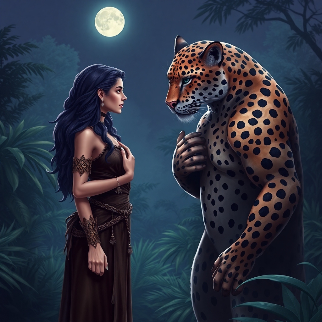 A mysterious beautiful female Druid wearing an animal skin standing side to the camera facing a powerful humanoid leopard man. Her hand is resting on his chest. They are in a jungle clearing on a moonlit night.