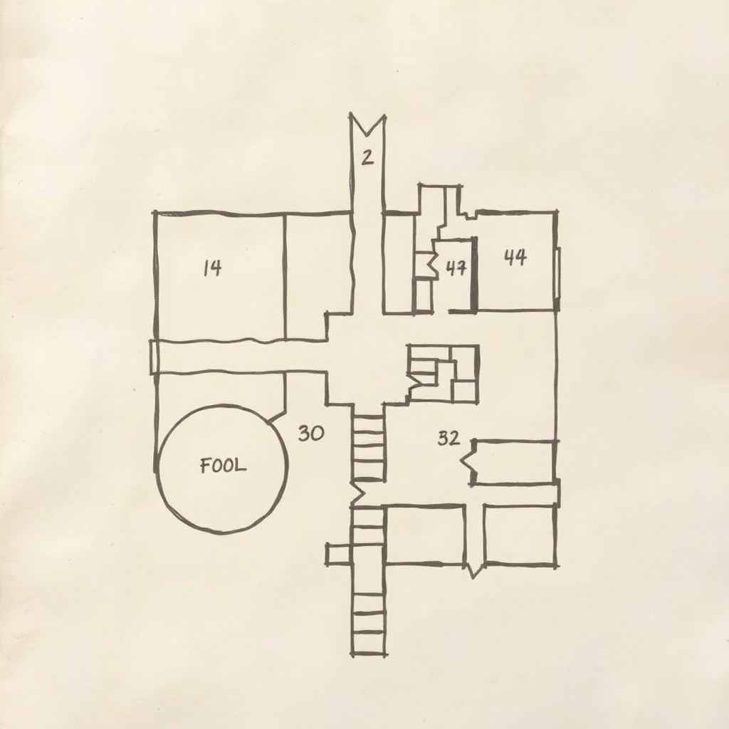 A simple floorplan map with rooms and halls drawn on a scratch parchment paper and labeled with numbers in handwritten script. Some rooms should be round and some containing stairs.