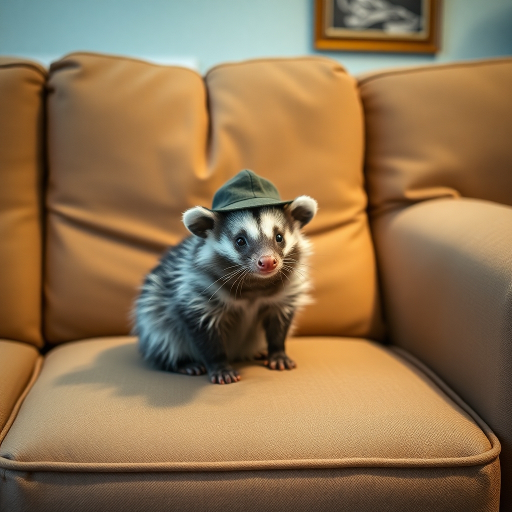 photograph, candid shot, famous randomly couch and randomly finished with randomly Opossums, center point for an Opossum wearing a hat, Use camera is Canon EOS 5D Mark IV with a Canon EF 24mm f/1. 4L II USM lens, set at aperture f/2. 8 for a depth of field that highlights the furniture clean lines with rich and many detail, randomly color and finished, soft ambient light, studio light setting, ultra realistic, UHD, many details