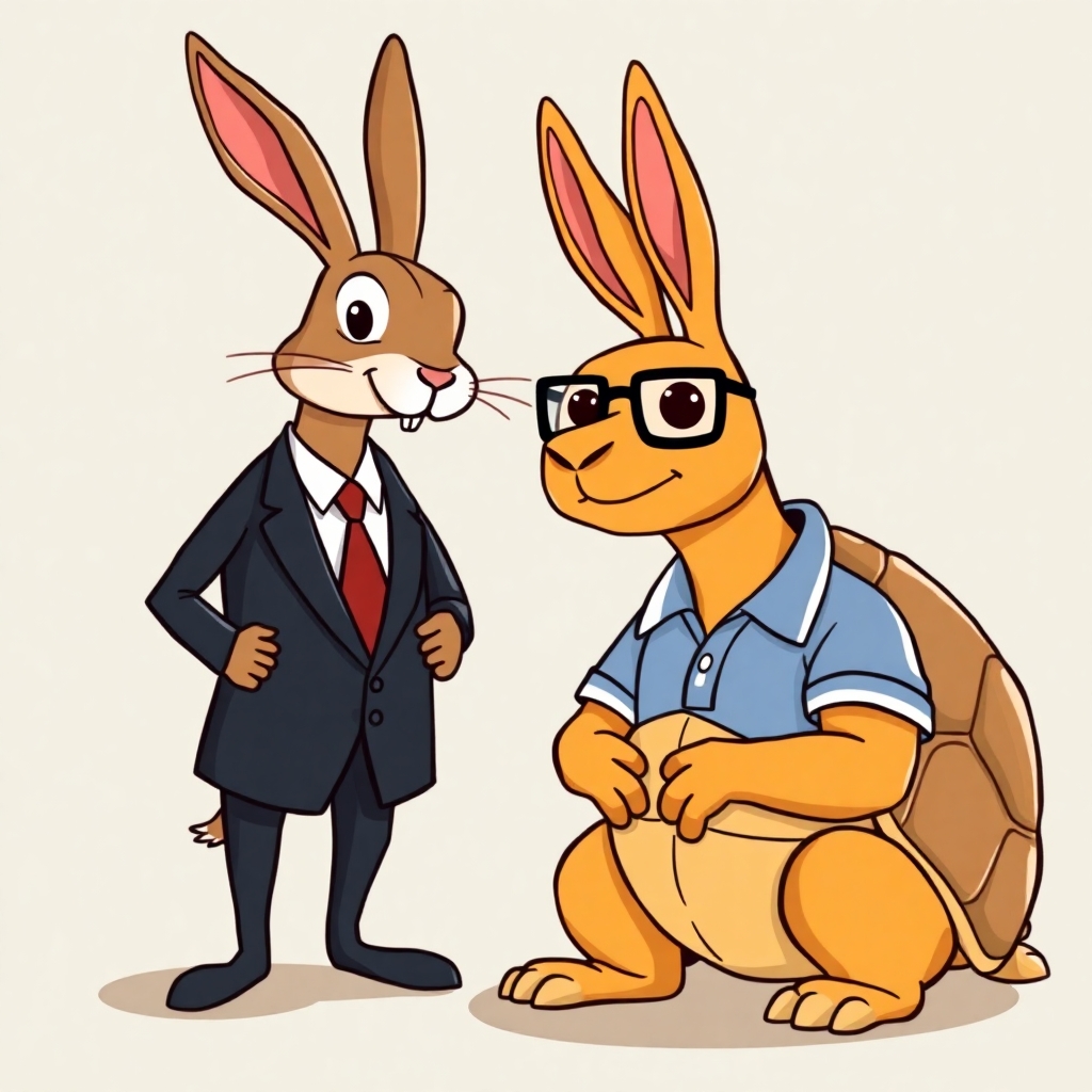 Imagine an illustration for the story of the Tortoise and the Hare, where the hare is wearing a business suit and the tortoise has a thin beard, is wearing glasses, and wearing a polo shirt.