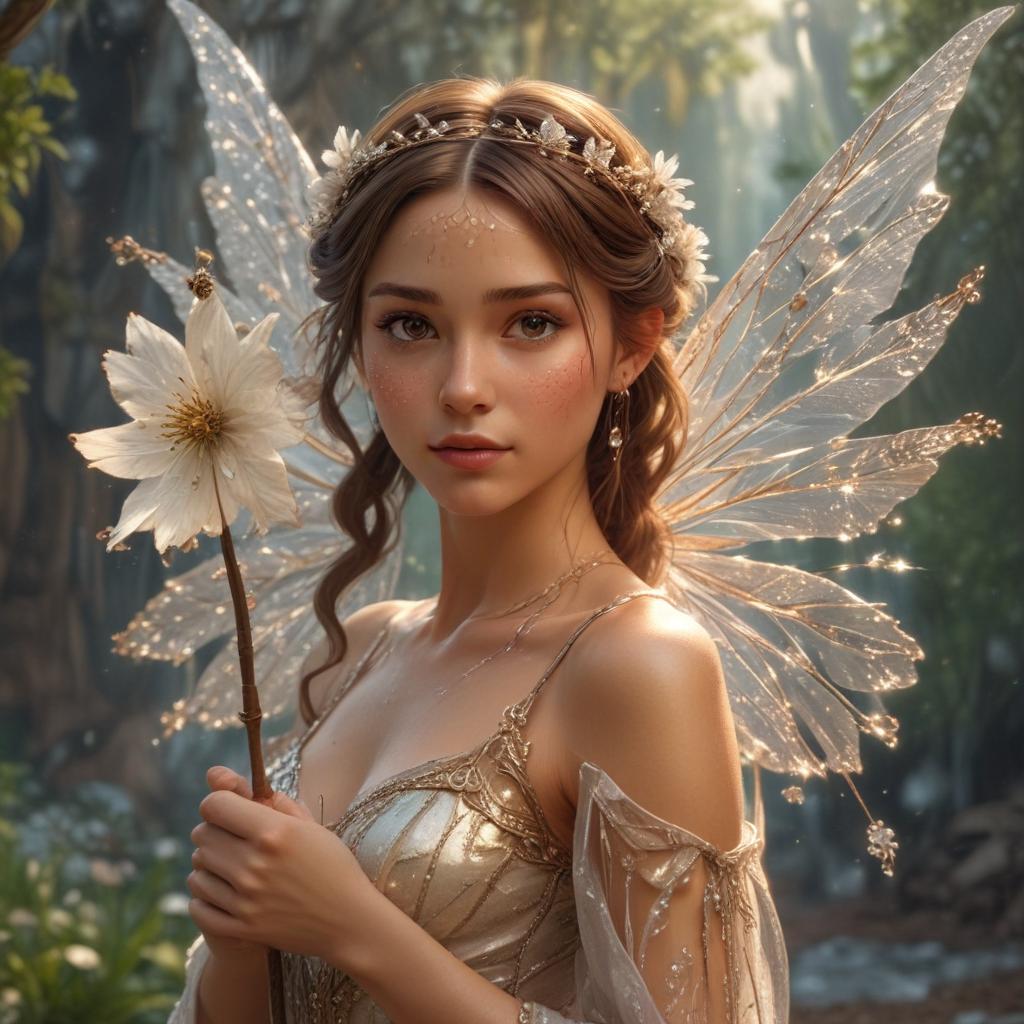 A mystical fairy in shimmering crystal wings, holding flower patterned wand, Brown eyes, brown hair, epic nature and ice bending shot, Video Art art, super high detail, and a sign saying "Mary"