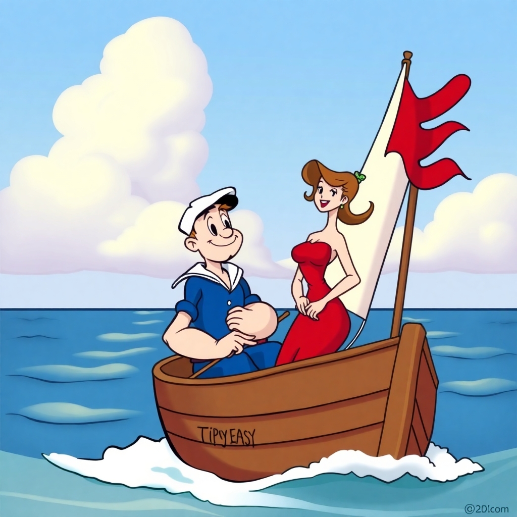 Can you draw a Popeye sailor sailing on a boat named Tipsy Easy with a young lady in red