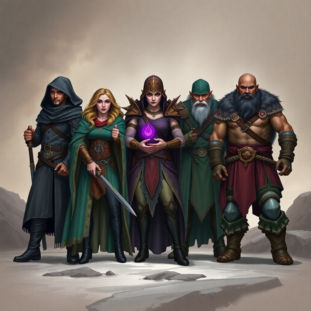 A five-member dungeons and dragons adventuring party consisting of: An male elven rogue/bard, a female half-elf cleric/warlock, a female half-elf sorceror/warlock, a male dwarven ranger, and a male goliath barbarian/paladin.