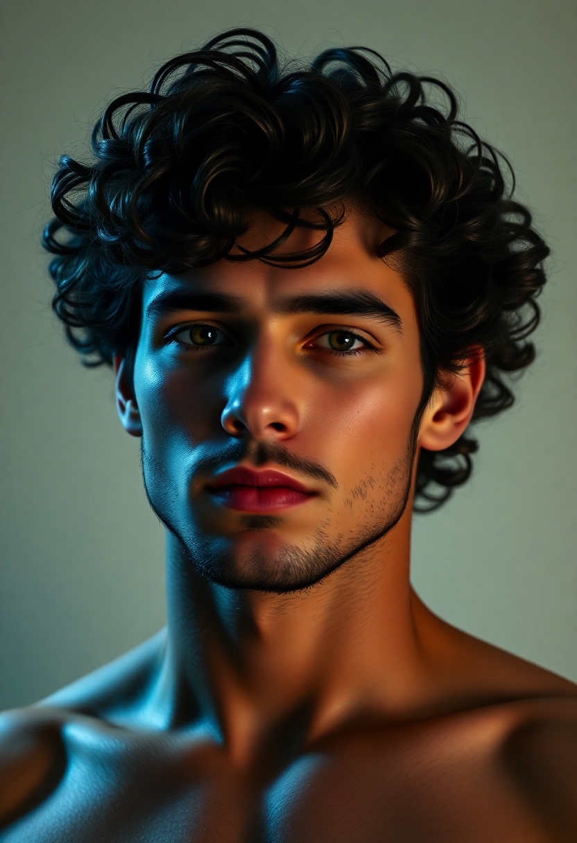 Sexy man with curly hair and short beard. He is in his twenties. he has thik lips. He is toned but not overly muscular.