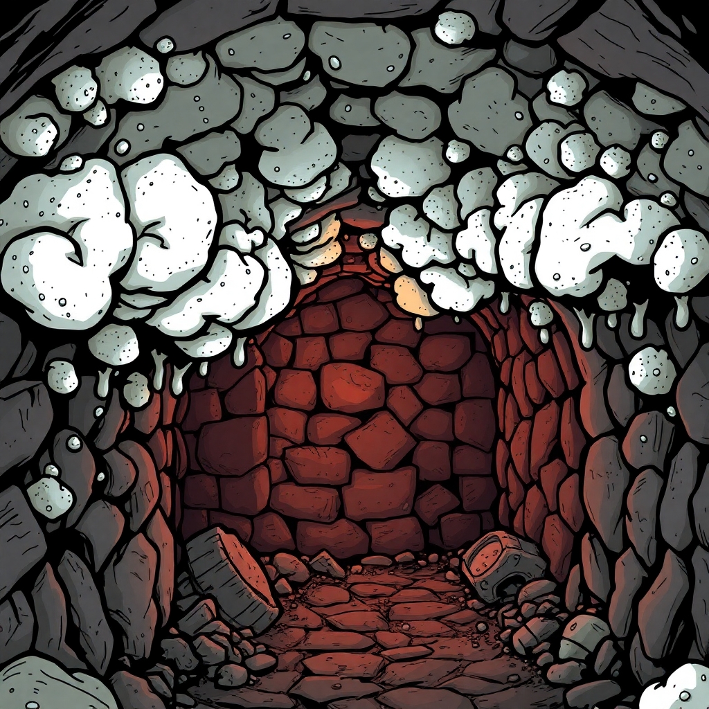 warpstone mold growing in a wine cellar covering the walls. Art style should be comic gothic.