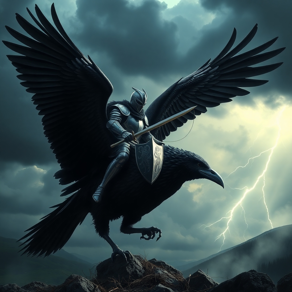 Heroic knight in shining armor riding a massive black crow, storm clouds, lightning in the distance, dramatic lighting, cinematic fantasy scene